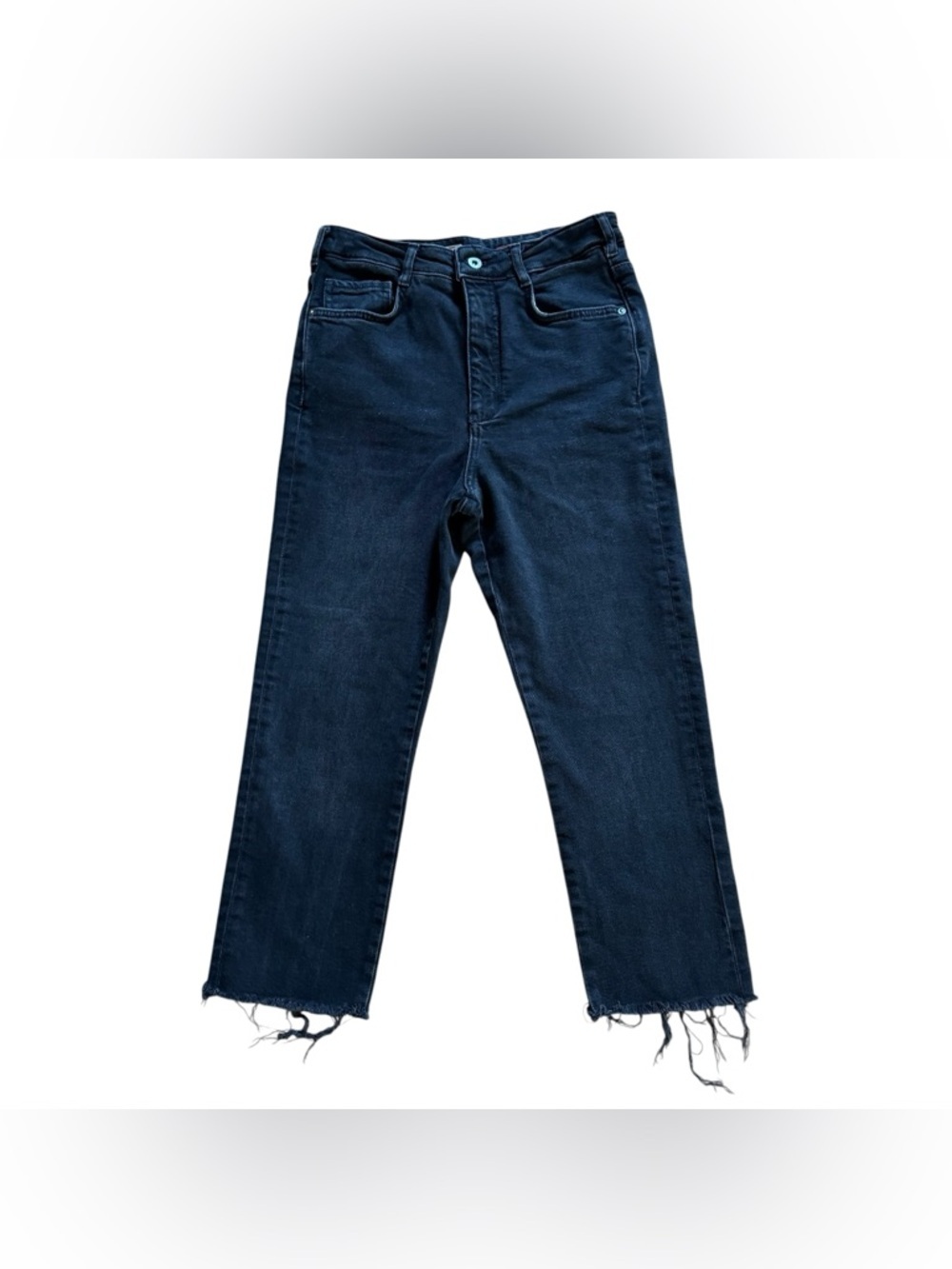 Anthropologie Pilcro Black Denim Jeans High Rise Raw Hem Cropped Straight 29